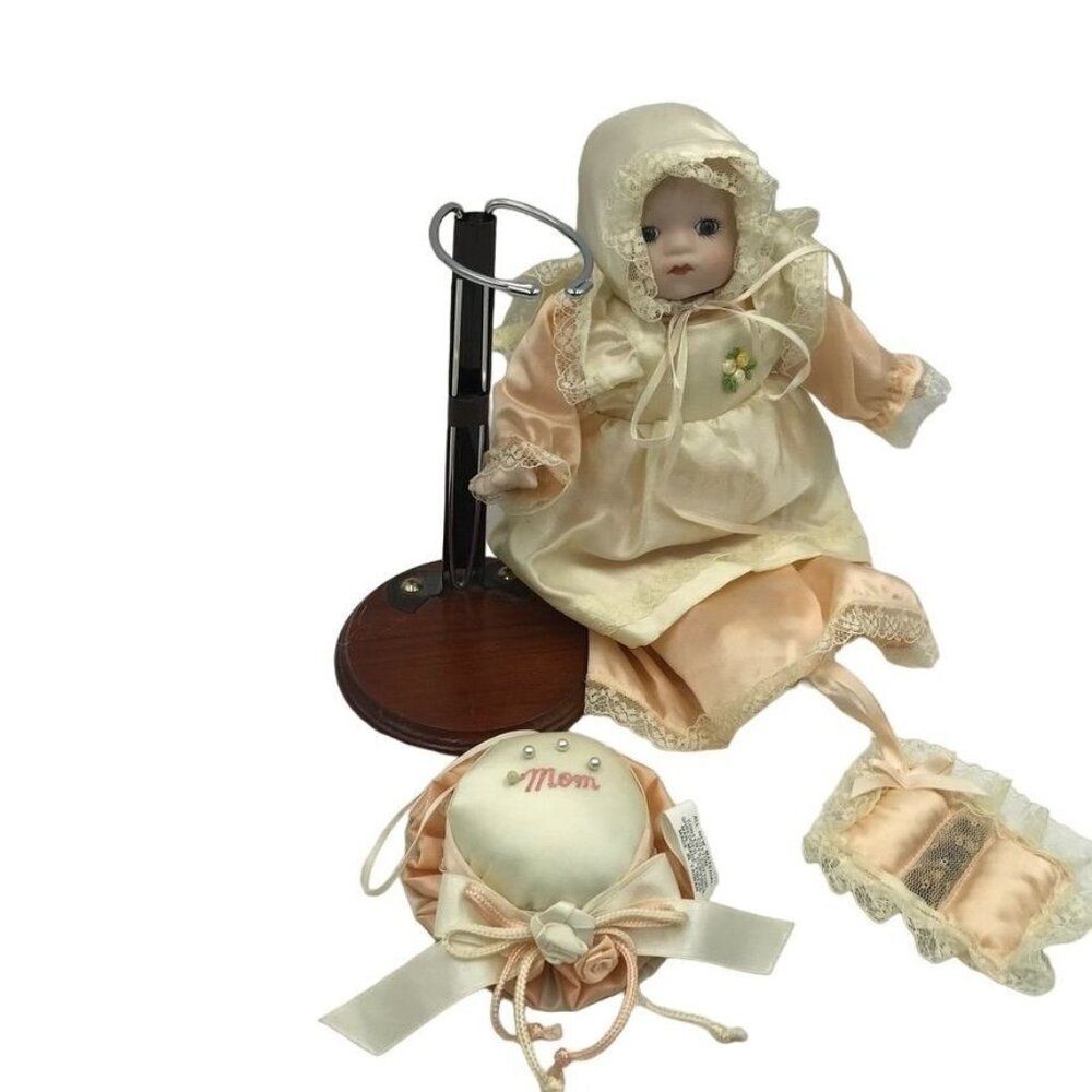 Vintage 80s Porcelain Girl Baby Doll 1987 Enesco Peach Mom Pin Cushion Stand